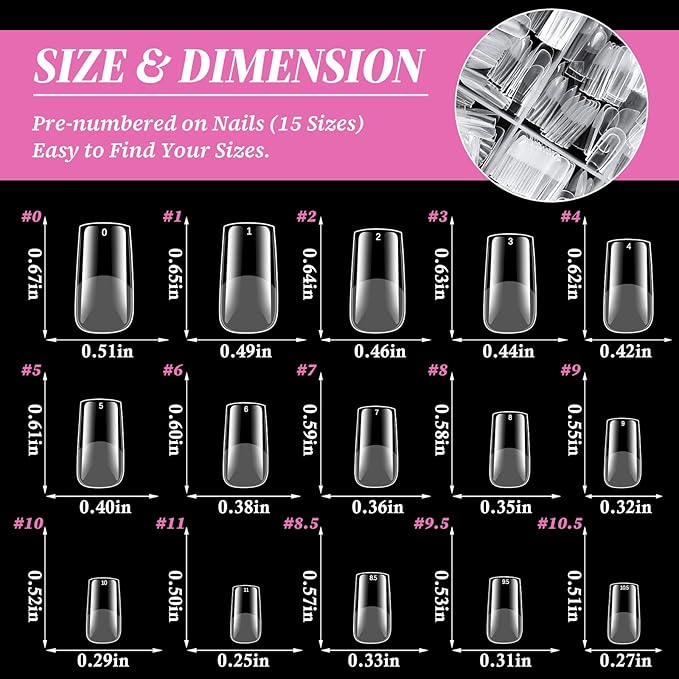 300pc Medium Square Nail Tips Medium Fake Nails Tips Square Acrylic Nails Tips Clear Press on Nails Soft Gel Nail Tips Full Cover False Nail Artificial Fingernail for Gel Nail Extensions