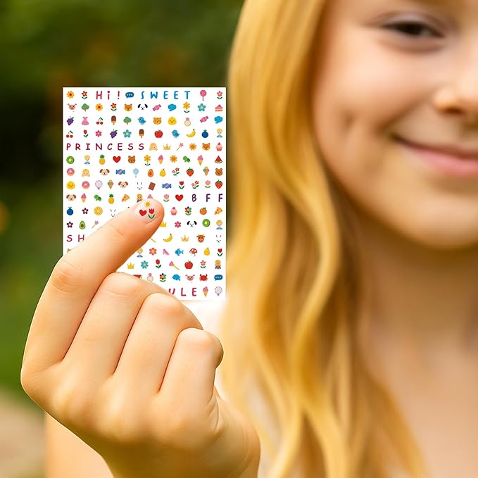 Mini Nail Art Stickers - 800 Pcs Birthday Party Favors, Cute 3D Self-Adhesive Flowers, Animals, Fruits Designs - DIY Home Nail Art Decals for Women Easter Basket (6 Sheets)