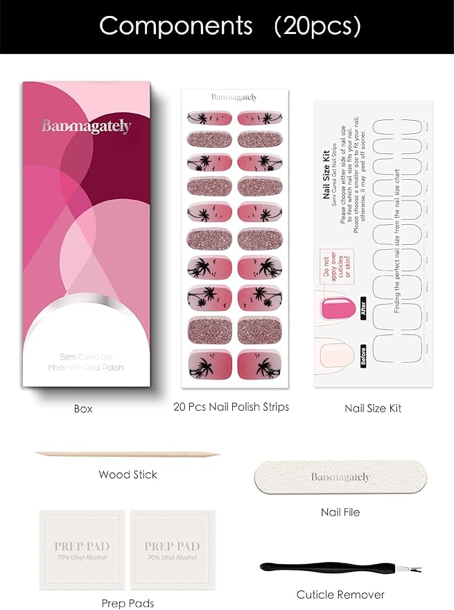Semi Cured Gel Nail Strips, 20Pcs Long Lasting Salon Quality Wraps, Easy Apply & Remove Gel Nail Stickers with UV Light (Sunkissed Fronds Pink)
