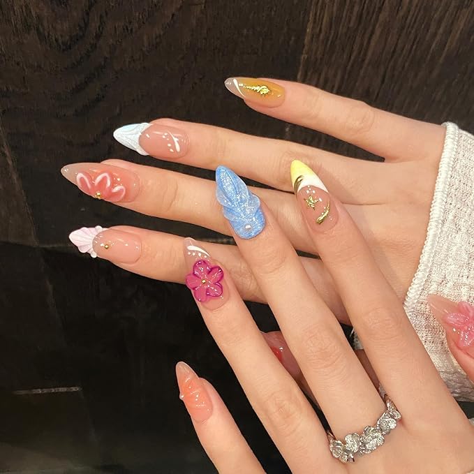 Handmade Press on Nails Flower Press on Nails Gradient French Fake Nails with 3D Starfiah Flower Acrylic Nails Designs Medium Almond Stick on Full Cover False for Women (Size S)