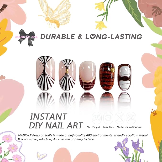 Press on Nails Short Oval MABKJLF Fake Nails False Nails with Tortie Designs Fall Winter Glossy Glue on Nail Brown Acrylic Nails for Women Girls 24Pcs