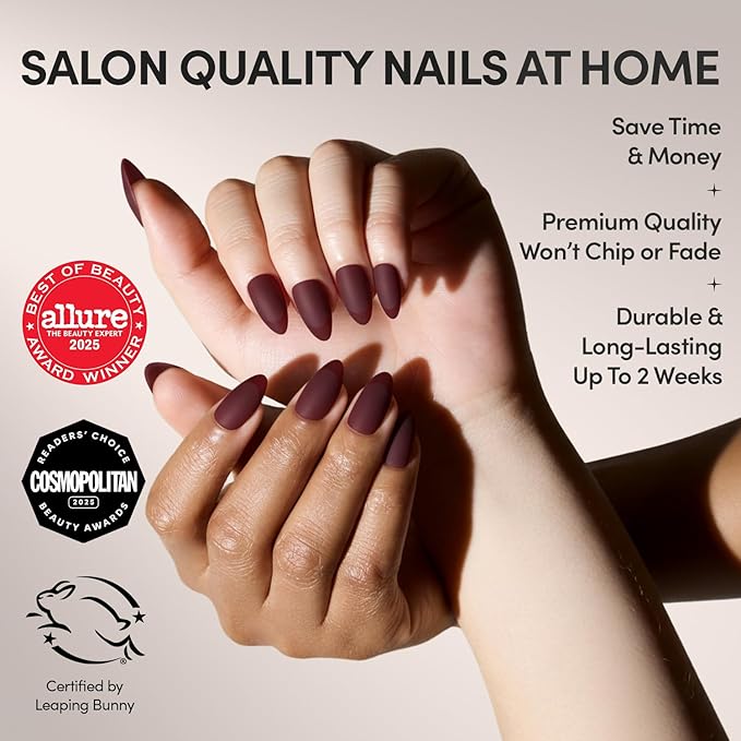Glamnetic Press On Nails - Merlot Fake Nails | Matte Short Almond Dark Red Nails with Glossy French Tips | 15 Sizes - 30 Nail Kit with Glue
