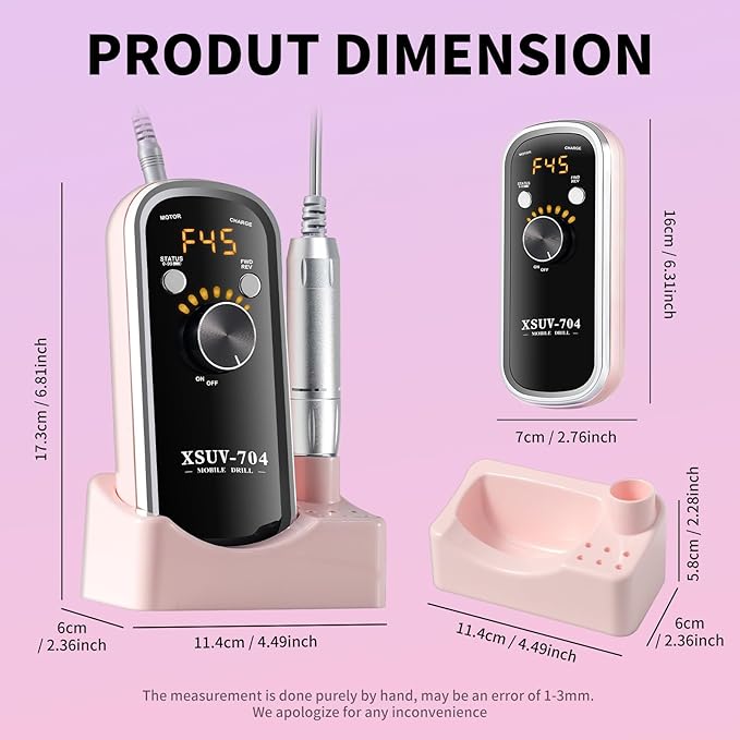 Professional Electric Nail Drill Kit 45000RPM with Bits and Base Pink Portable Rechargeable Cordless Nail E- File Machine for Acrylic Gel Powder Nails and Manicure Pedicure Toenail Tool Set