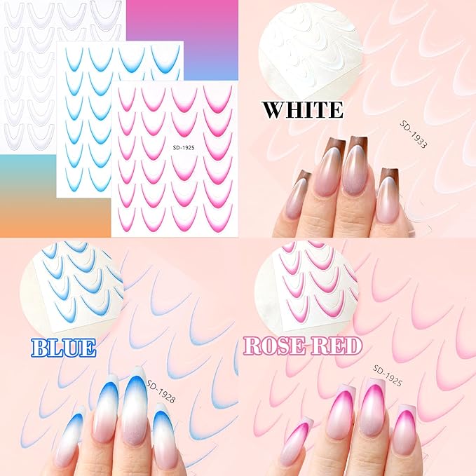 9 Sheets Colorful French Tip Nail Stickers, Gradient French Line Nail Art Stickers with Tweezer, French Tip Nail Decals 3D Self-Adhesive Nail Tips Guides for Women Manicure Decoration
