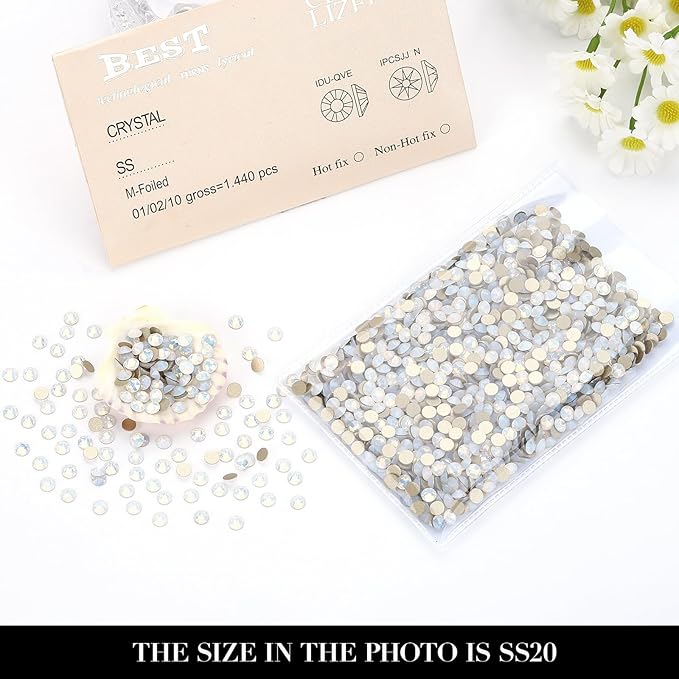 Novani White Opal Rhinestones 1440pcs Flat Back Round Rhinestone Style 2088 Sparkly Crystal Gemstones for Nail Art and Crafting SS20,4.6-4.8mm
