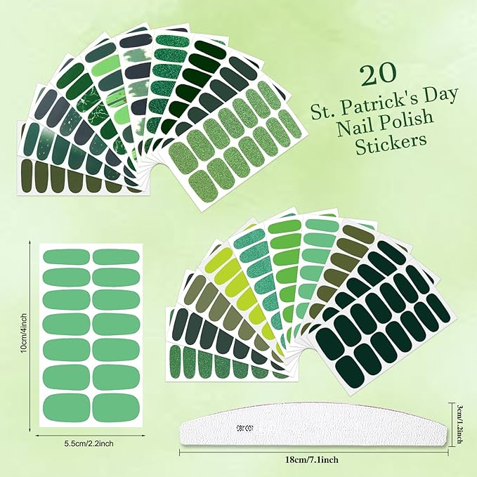 20 Sheets Green Solid Color Nail Polish Strips with Nail File Self-Adhesive St. Patrick's Day Nail Strips Nail Stickers Full Nail Wraps for Women Nail Art