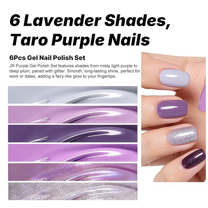 JR Purple Gel Nail Polish Set, 16ml Full Size Bottle 6 Colors Purple 9D Cateye Glitter Nail Gel Polish Gift Soak Off Led Nail Art Kit Salon DIY Colorful Bottle H Set
