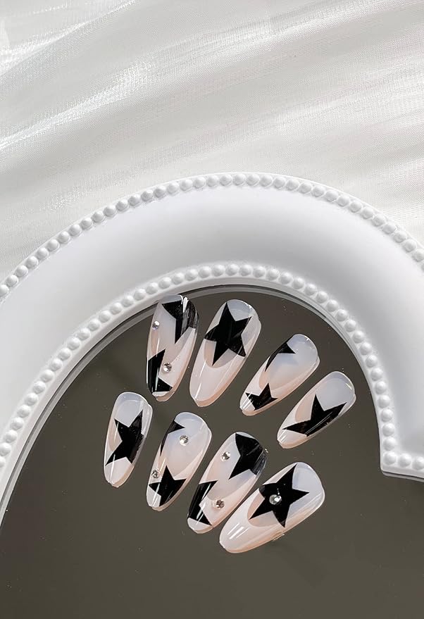 Press On Nails Medium Almond French Tip Fake Nails Full Cover False Nails with Black Stars Designs Y2K Press On Nails Glossy Acrylic Rhinestones Artificial Nails for Women Girls 24 Pcs