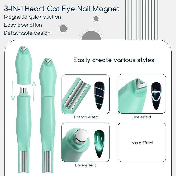 26 Pieces Cat Eye Magnet for Nails 3-in-1 Nail Heart Magnets Cylindrical Strong Nail Magnet Multi-Functional Nail Magnet Wand Flower Magnet Stick Magnetic Beads for Cat Eye Gel Nail Polish