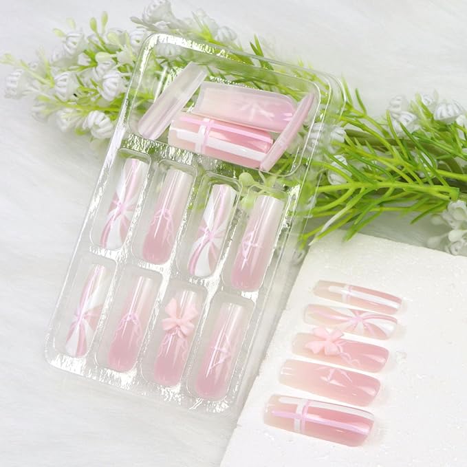 Long Press on Nails Square Fake Nails Press ons with Pink and White Gradient French Line Swirl Designs Cute Glue on Nails Acrylic Full Cover Stick on Nail for Women 24 Pcs