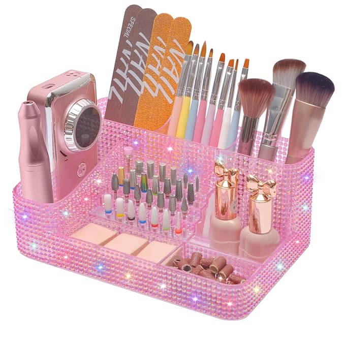ANRUI Nail Drill Bit Holder, 28 Holes Plastic Nail Drill Machine & Bits Storage Case, Professional Nail Desk Organizer for Manicure Tools Gift for Women and Girls- Diamond Pink