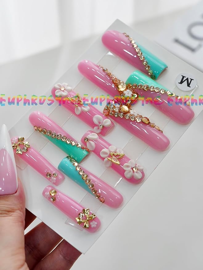 Coffin Press On Nails – 10pcs Long Pink Fake Nails with Rhinestones, 3D Flowers & Butterfly Charms | Glossy Stick On Acrylic Nails for Women Party or Daily Wear