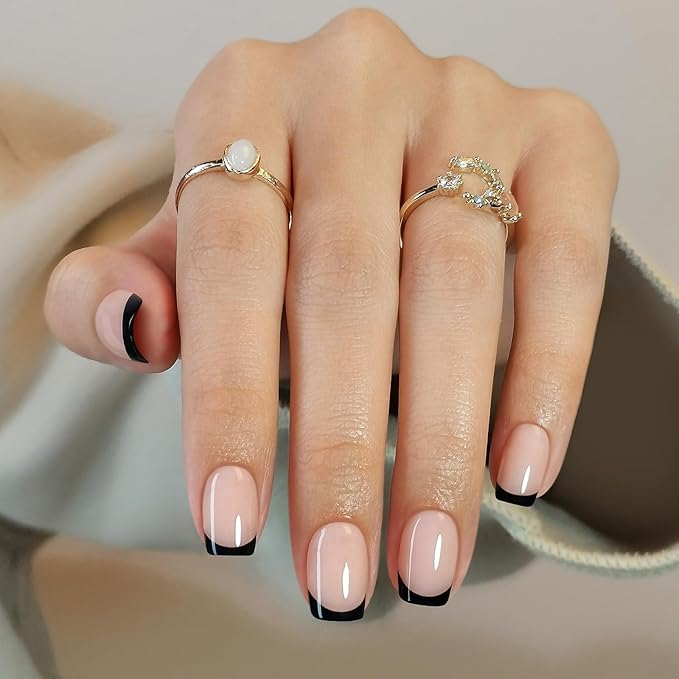 Black French Tip Press on Nails Square - SHANGMENG Soft Gel Press on Nails Short, Fit Perfectly & Natural Stick on Nails with Glue in 16 Sizes - 32 Reusable Fake Nails for Women Gift, Black French