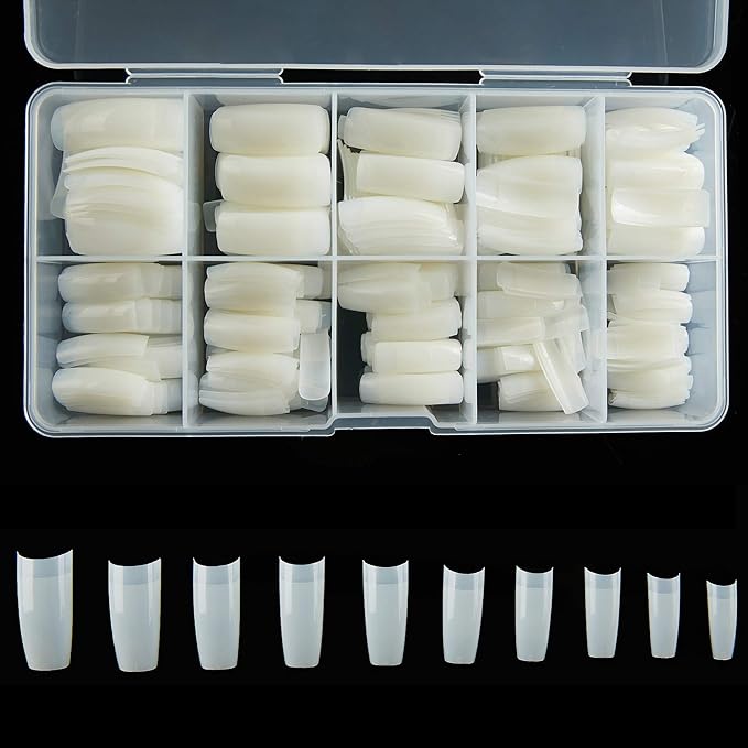 French Acrylic False Nail Tips, 500PCS Fake Nail Shape Artificial False Nails Tips 10 Sizes with Case for Nail Art Salons (Natural)