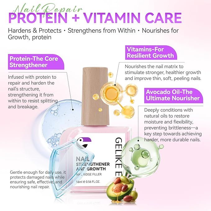 Gelike EC Nail Strengthener and Growth Polish: Milky Pink Protein and Vitamin Enriched Quick Dry Hardener Repair for Brittle Thin Damaged Nails at Home DIY Salon Quality Vegan 16ml No UV Need