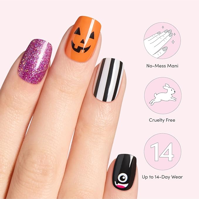 Dashing Diva Gloss Nail Strips - Monster League - UV Free, Chip Resistant, Long Lasting Gel Nail Stickers - 3-Piece Halloween Manicure Set - Contains 32 Wraps, 1 Prep Pad, 1 File