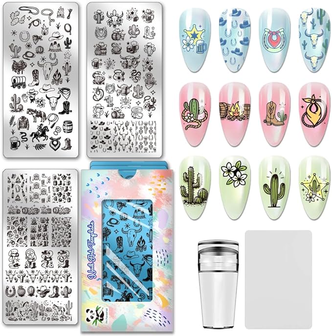 PH PandaHall 3pcs Western Cowboy Nail Stamping Plates, Cowboy Hat Boots Nail Art Templates Southwestern Style Stainless Steel Image Plate Art Stencils for DIY Print Manicures Salon Design Supplies