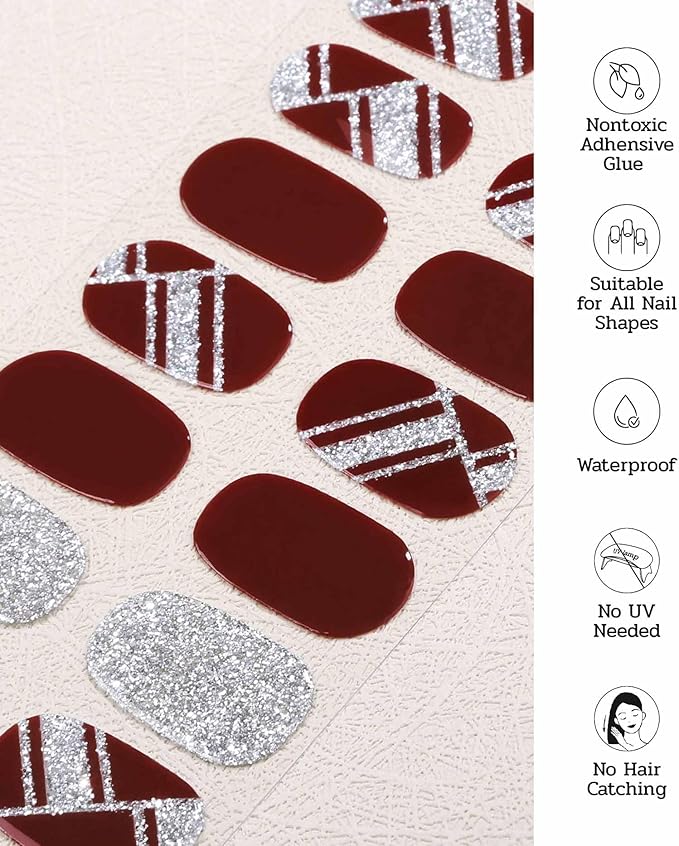 Nail Polish Strips (No UV Lamp Needed) - 22 Pcs Salon Quality Gel Nail Stickers - Long Lasting Wraps (Silvered Wine)