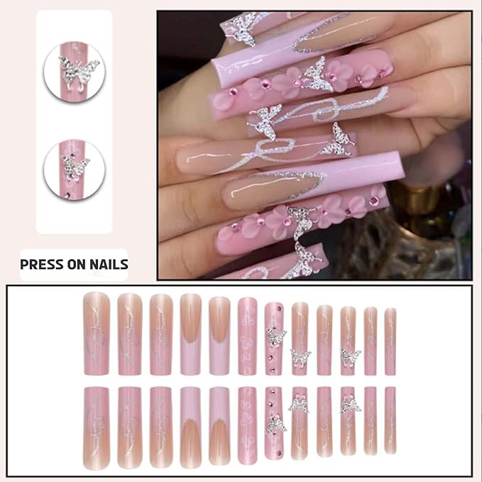 French Press on Nails Pink Fake Acrylic Long Nails Square Flower Full Cover Fake Nails for Women and Girls 24PCS
