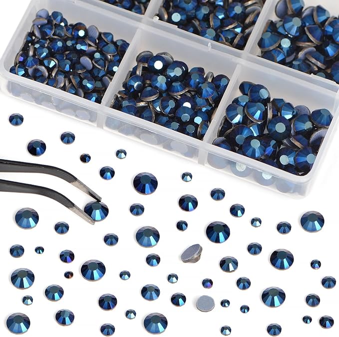 Bymitel Hotfix Crystal Rhinestones Round Gems for Crafts,Mixed 6 Sizes with Wax Pencil Kit, Mine Blue 1.6-6.3mm SS4-SS30/8000pcs