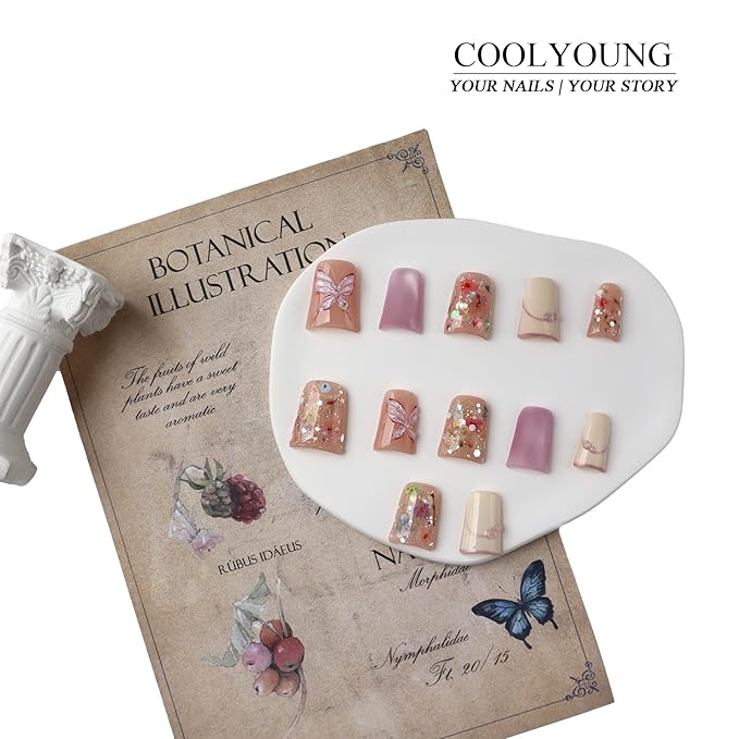Duck Nails Handmade Press On Nails Short 3D Pink Cat Eye Nails Women Gifts Real Flowers COOLYOUNG 12 PCS, Size M