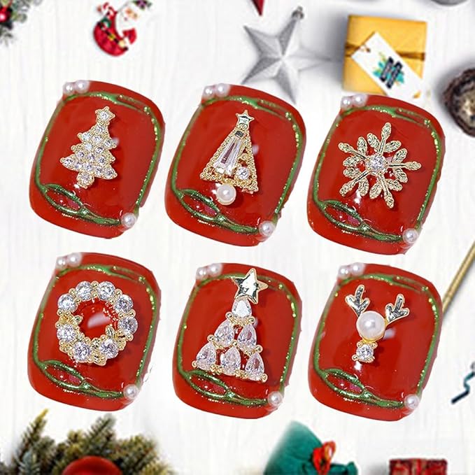 24pcs Luxury Zircon Christmas Nail Charms - 3D Snowflake, Elk, Xmas Tree, Garland Decorations - Gold Art Rhinestones Gems for Nails