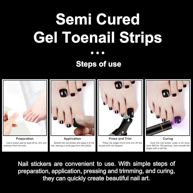 SILPECWEE Semi Cured Gel Nail Strips, Toenails Stickers Full Nail Wraps UV Light Required, Salon Quality, Easy to Apply & Remove, Toenail Strips for Women Girl (Midnight Black - 32PCS)