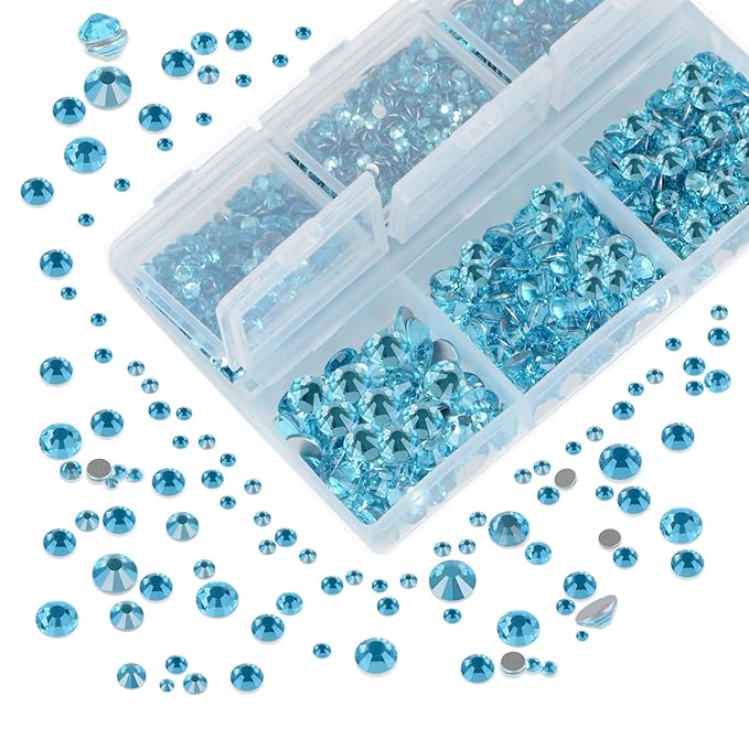 AD Beads 4300 Pieces Flat Back Nail Art Rhinestones Round Beads 6 Sizes (2-6.5mm) with Storage Organizer Box,Rhinestones Picking Pen for Nail Art Phone Decorations Crafts DIY (Aquamarine)
