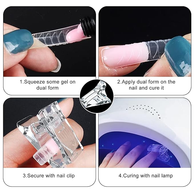 10 Pcs Nail Tips & Clip for Quick Nail Extension Mold Building - Transparent Dual Nail Form Clip Builder DIY Nail Art Tool