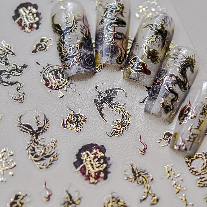 Halloween Dragon Phoenix Nail Art Stickers 5D Nail Decals Embossed Black Gold Fire Dragons Sticker for Women Girls DIY Nails Manicure Salon (Dragon)