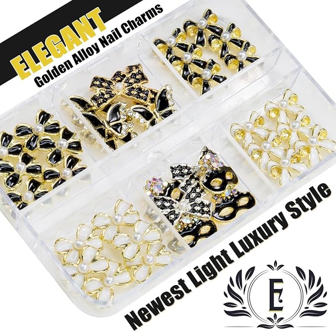 36Pcs Elegant Cute Charms for Nails Bow Butterfly Mask Luxury Kawaii Black White Rhinestones Pearls 3D Alloy Gems Cute Nail Art Charms for Acrylic Nails Face DIY Crafts Tumblers Bottles Shoes
