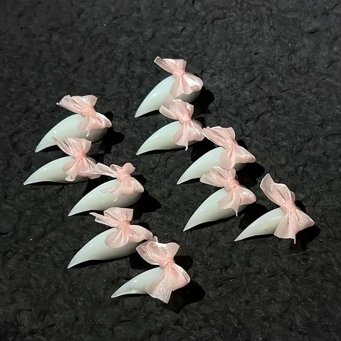 Handmade Claw Press on Nails Stiletto White Bow Cat Claw Press on Nails Cute Reusable Dragon Eagle Claws Acrylic False Nails Glossy Glue on Nails