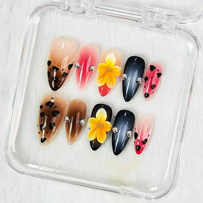 Medium Almond Press on Nails Luxury Handmade Nails with Glue,Tropical Flower Art False Nails with Leopard Print Design Handmade Nail Press ons Muti-Layer Gel Fall False Nails for Women (Size S)