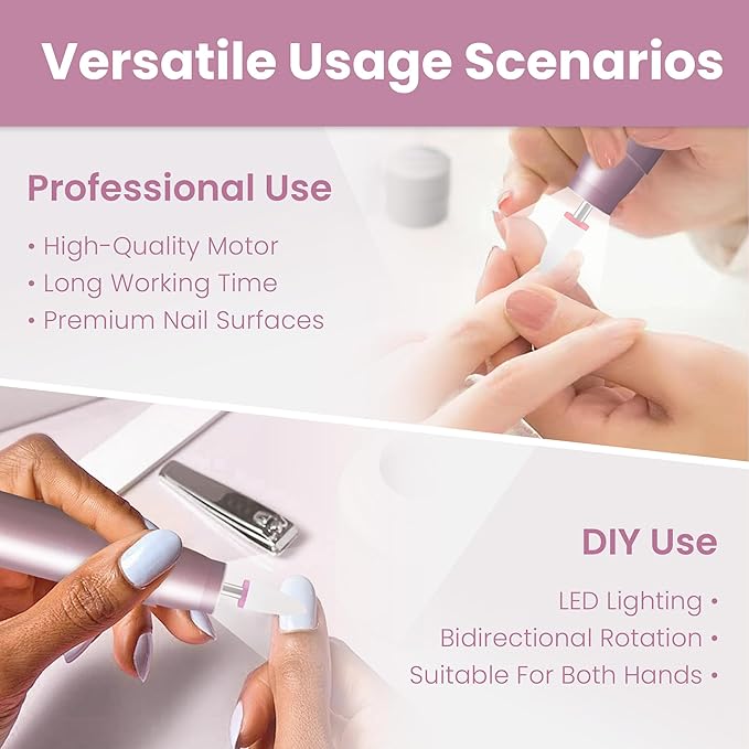 Cordless Electric Nail Drill Kit, Portable Rechargeable Nail Drill Set, Battery Electric Nail File, 5 Speeds Modes, LED Lighting, Reversible Direction, DIY, Professional (Purple)