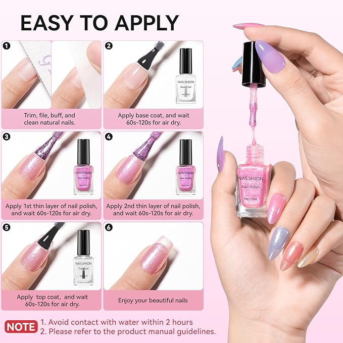 Quick Air Dry Nail Polish, 16 Colors Holographic Nude Peach Pink Blue Green Jelly Glitter Sparkle Regular Nail Polish with Clear Base Top Coat & Remover Pads, Hema-free, Non Gel,