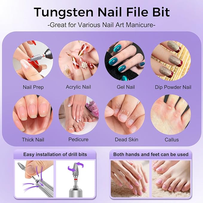 Fantexy Nail Drill Bits Set for Acrylic Nails,3/32 Inch Professional Tungsten Nail File Bits Nail Art Tools,Manicure Pedicure Shapen Remove Tools, Home Salon Use(5Pieces
