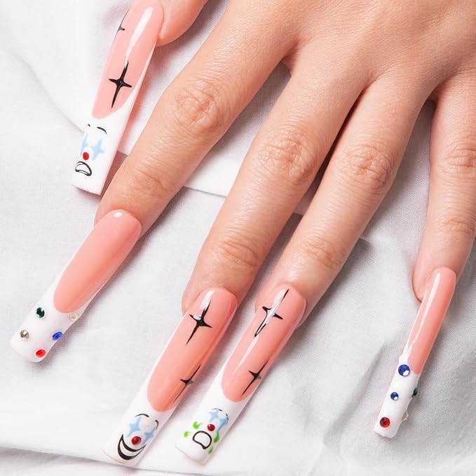 LOVFUL Press on Nails Clown | Handmade with Full Covered Crystals | Reusable Fake Nails | Square | H139-M, pink