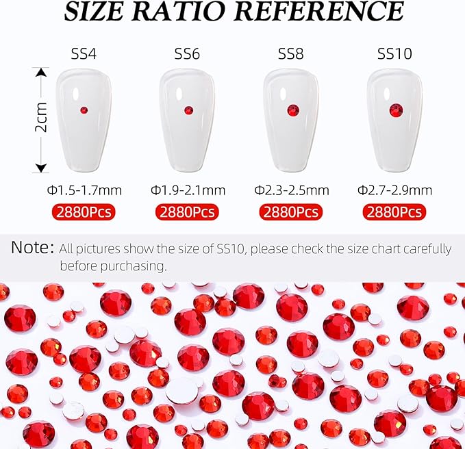 Red Flatback Rhinestones, Glass Rhinestones for Nail Art and Craft, Glue Fix, Loose Crystal Gemstones(Red, SS8, 2880pcs, 2.3-2.5mm)