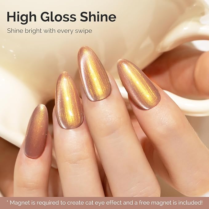 MelodySusie Pearl Cat Eye Gel Nail Polish, 0.5 Fl Oz Gold Glitter Holographic Magnetic Nail Polish with Magnet, UV Nail Polish for Nail Art Manicure Salon DIY at Home G1402