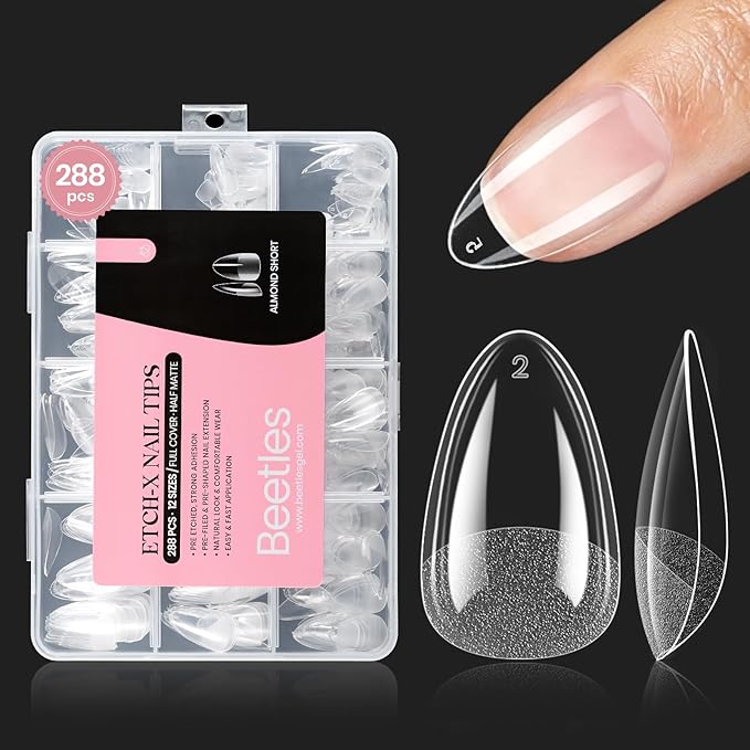 Beetles Gel Nail Tips Almond,288 pcs 12 Sizes Short Almond False Nail Tips Half Matte Full Cover Acrylic Gel Nail Tips Press On Nail Extensions for Women