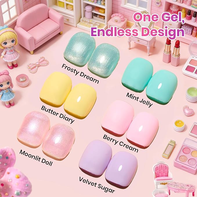 Beetles Pastel Gel Nail Polish Set - Dreamy Dollhouse 6 Colors Hema-Free Gel Nail Kit Spring Pink Yellow Blue Glitter Shimmer Soak Off UV LED DIY Gel Nail Art Gifts for Women