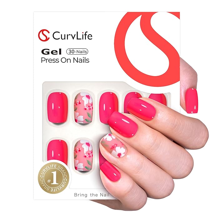 Curvlife Soft Gel Press on Nails with Scarlet Design Full Cover Fake Nails for Women Reusable Nail Kit with Nail Glue Adhesive Tabs