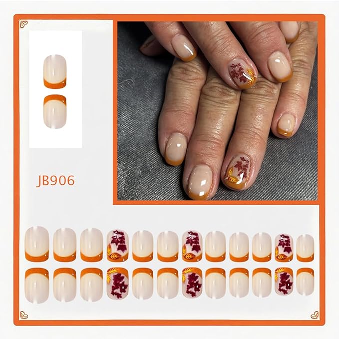 Orange French Press on Nails Short Square Fake Nails Fall False Nails Press ons with Maple Leaf Design Glossy Full Cover Stick on Nails for Women Thanksgiving Manicure, Reusable | Artificial | 24Pcs