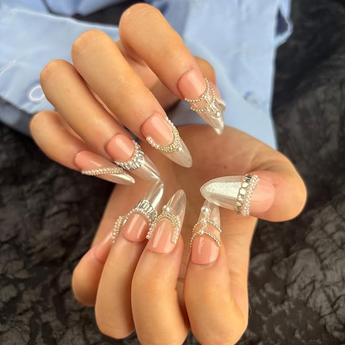 Large Trendy Handmade Press On French Nails Medium Almond Shape,10Pcs Thick Acrylic Fake Nails with 3D Pearl Cute Design Clip On Nail for Woman Gift