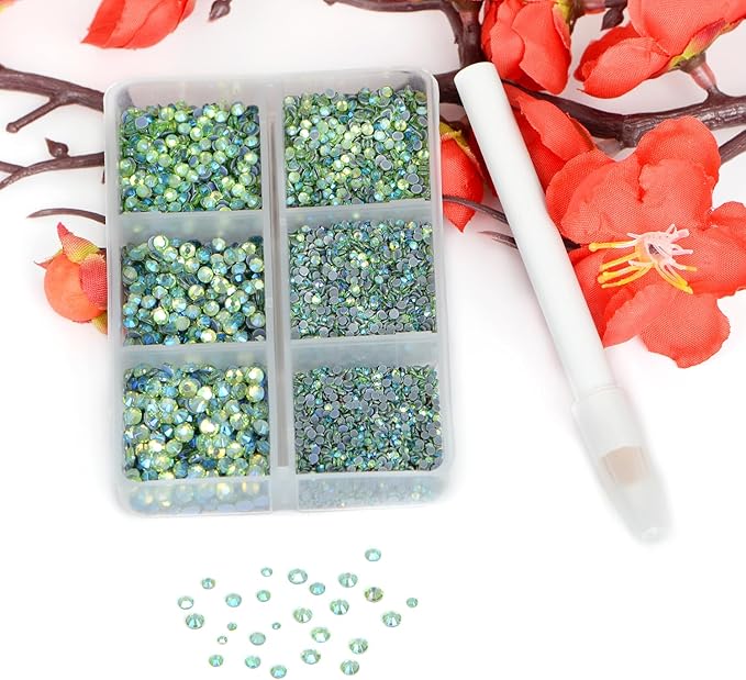 Bymitel Hotfix Crystal Rhinestones Round Gems for Crafts,Mixed 6 Sizes with Wax Pencil Kit, Peridot AB 1.3-3.2mm(SS3-SS12/8000pcs)