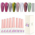 Adhere 8Pcs 12ML Cat Eye Gel Magnet Nail Polish Set, Reflective Glitter Cat Eye,Yellow Green Purple Silver White Color with Magnet