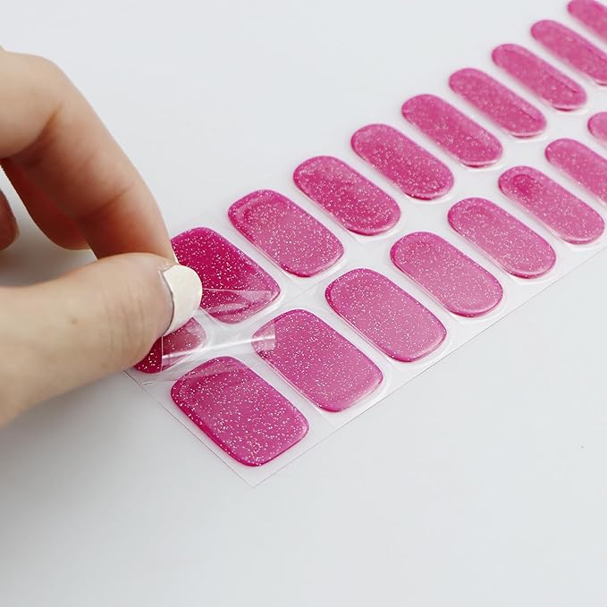 JMEOWIO Gel Nail Stickers Glitter Pink Semi Cured Gel Nail Strips Wraps UV/LED Nails Art Design Decoration Accessories
