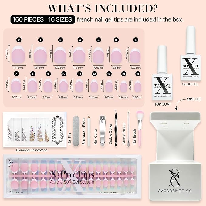 SXC Cosmetics French Tip Press On Nails Pink Series, XS Almond X-Pro Tips Starter Kit