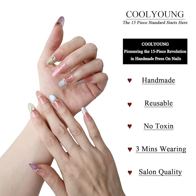 Handmade Acrylic Press On Nails Short Reusable Nails Fake Almond Colorful French Press On Nails Gifts For Women COOLYOUNG Artificial Nails, 15PCS, Size S