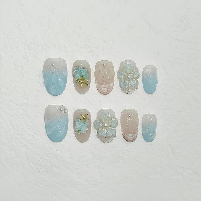Blue French Tips Press on Nails Short Oval,Isle Blue Gradient & Hand-Sculpted Conch Relief False Nails,Ocean Whisper Fake Nails Kit,Glossy Cute Artisan Coastal Zen Nail Art with Tools 10pcs(L)